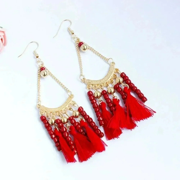 Vintage 90s Victorian Style Red Gold Tassels Glass Beads Chandelier Earrings - Picture 1 of 2